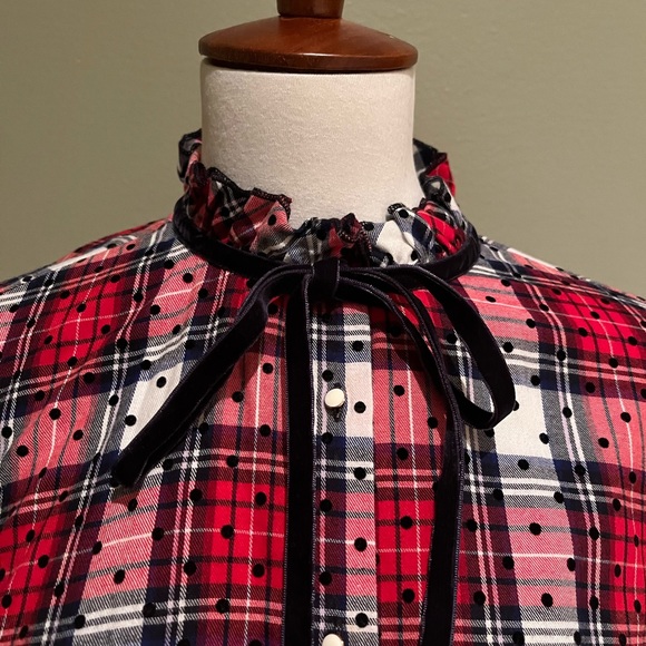 Court & Rowe Tie Ruffle Collar Flocked Dot Plaid Shirt - Picture 3 of 6